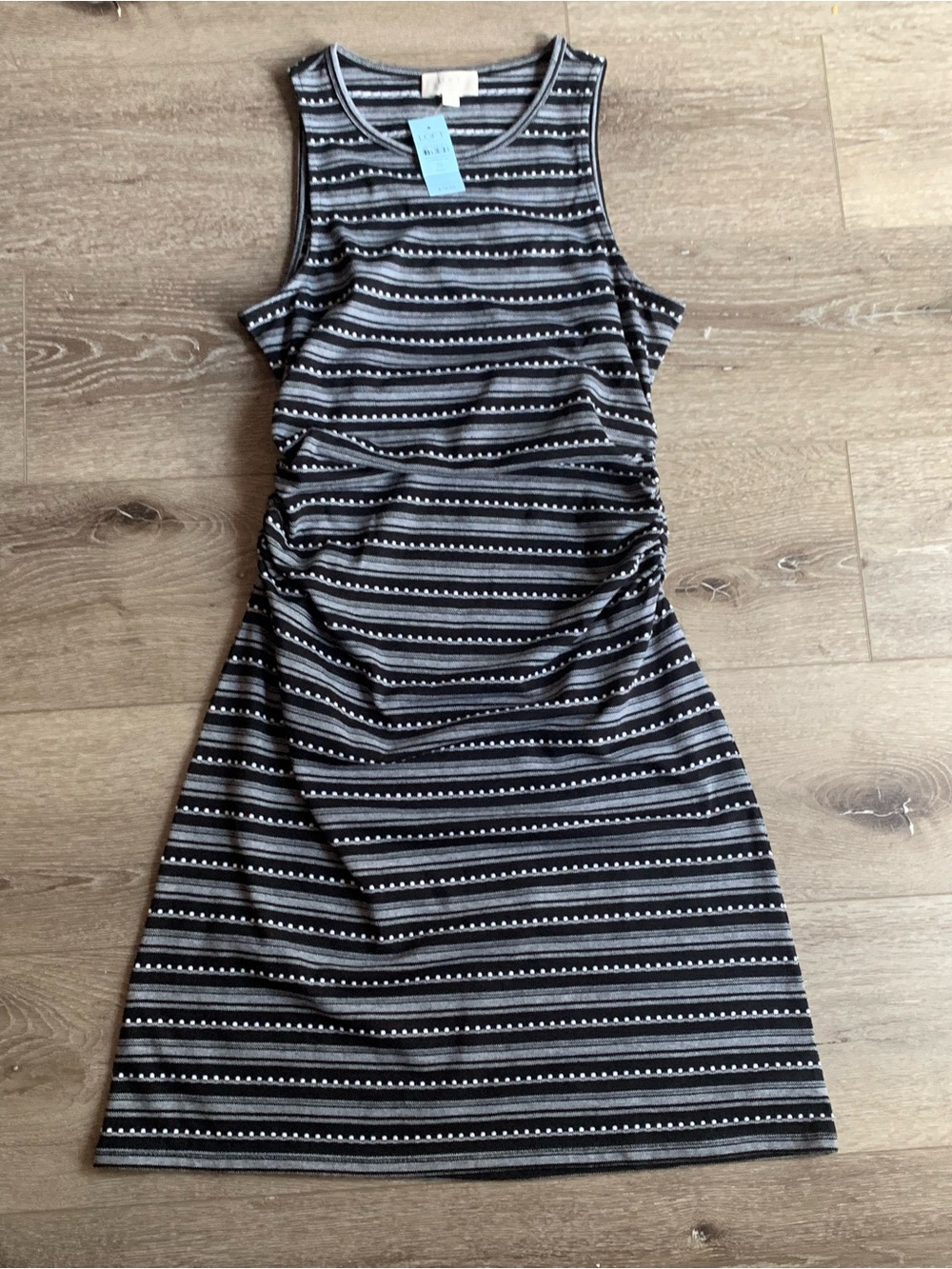 NEW Loft Outlet Side Ruched Sleeveless Knit Dress Size XS Striped Gray Black